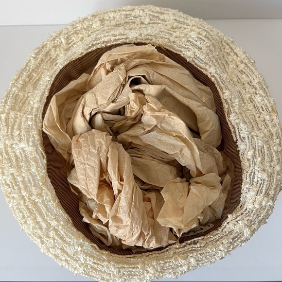 Vintage 1960s I. Magnin Ladies Wide Brim Beige White Straw Woven Summer Hat - Picture 9 of 11